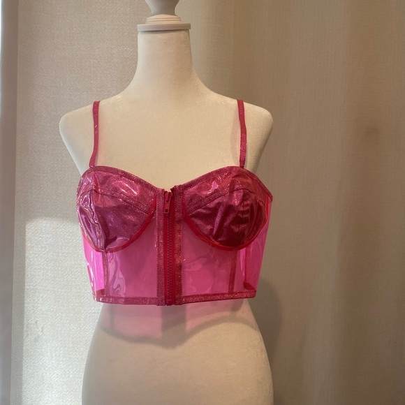 Pink sparkly bralette top with zipper front and clear back - Picture 3 of 7